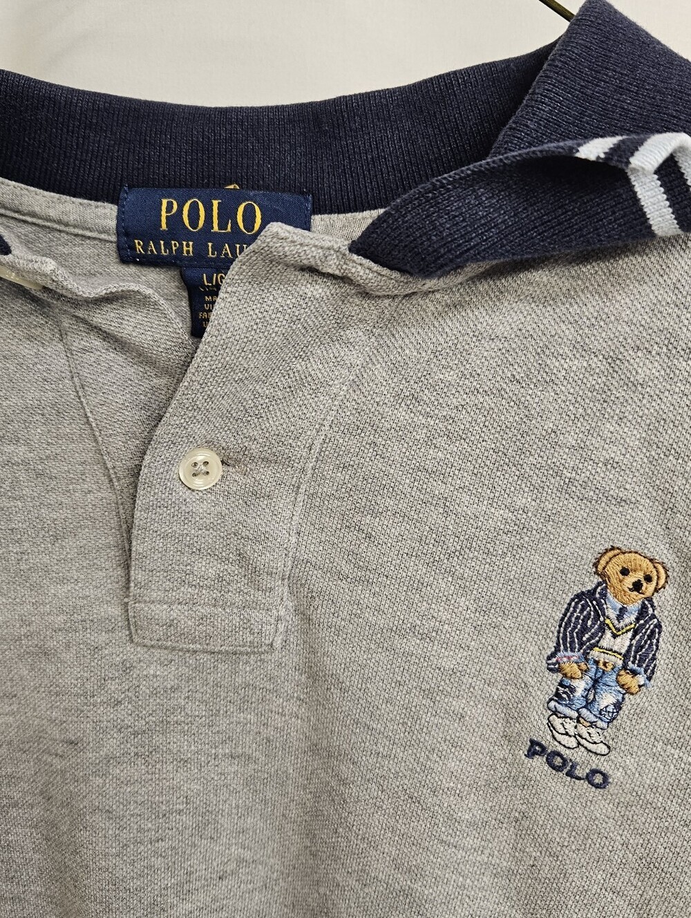 Ralph Lauren Polo “Bear “Polo Shirt Boys Large 14 - 16 Gray With Blue Collar